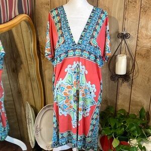 Vibrant Asymmetrical V-Neck Dress in Coral and Blue